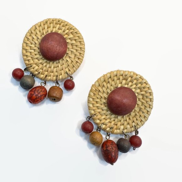 Boho Earrings, Woven, Bohemian, Statement, Pierced, Posts, Dangles, Circles, - Picture 3 of 4